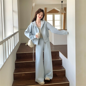 【现货】蓝色时尚休闲蕾丝连帽卫衣裤子套装女 606-P180-K288图片