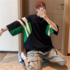 欧美高街t恤原创拼接hiphop棒球短袖男夏季重磅藏青色条纹五分袖，男装T恤，星座1210-1