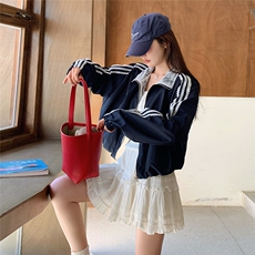 藏青色蕾丝拼接外套女2025春季新款学院风超好看休闲时尚夹克上衣，女装短外套，2C323