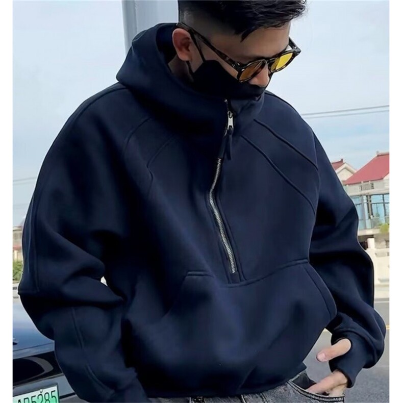 美式解构半拉链卫衣男小众设计纯色连帽外套秋季硬挺上衣 W03图片