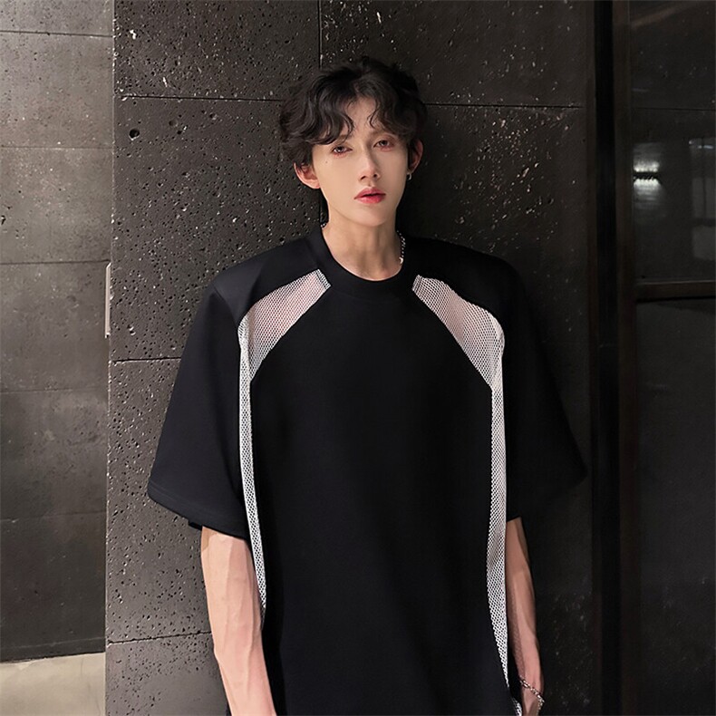 现货高级垫肩镂空拼接设计纯色百搭潮男T恤A071-T77-P40，男装T恤，电商A071