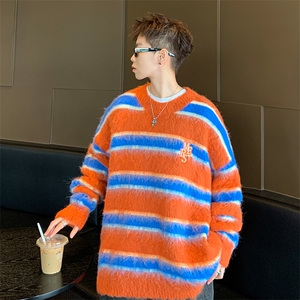 美式复古撞色条纹毛衣外套男潮高级感针织衫vintage