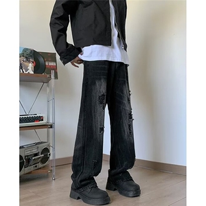 美式复古小众破洞牛仔裤高街百搭痞帅情侣直筒裤 KZ44556--TP40图片