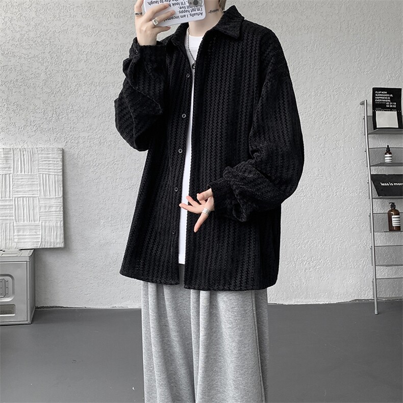 8XL-M鱼骨纹小香风衬衫男生春秋衬衣宽松慵懒垂感外套CS29009P45,男装衬衫,电商B312