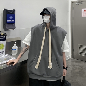 夏季新款上衣宽松休闲百搭外套纯色无袖连帽卫衣男 W3191-P32图片