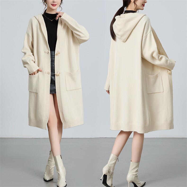 牛角扣针织外套女2024秋冬新款高级感时髦减龄开衫连帽中长款外套，女装针织衫/毛衣，马丽丽家