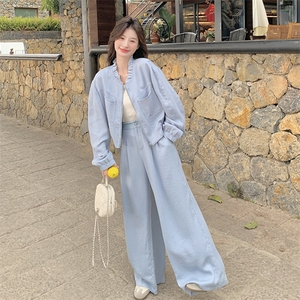 蓝色休闲套装女2025春季新款韩系甜美减龄木耳边外套阔腿裤两件套图片