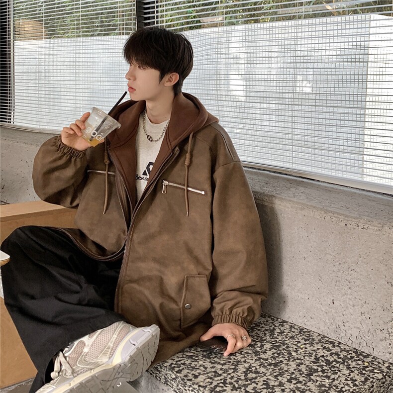 1港风连帽PU皮假两件复古做旧金属装饰夹克男JK77767P108控148，男装夹克，星座226-2