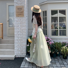 蕾丝拼接碎花上衣半身裙套装女2025年夏季新款韩系甜美减龄两件套，女装套装/套裙，2C133
