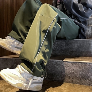 港风秋款男休闲裤条纹拼接抽绳束脚直筒宽松冲锋裤长裤h80 P38图片