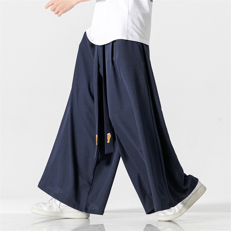 夏季风宋制改良汉服绣花长裤古风冰丝阔腿裤情侣潮K332/P85，男装民族服装，钱塘713