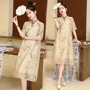 中年妈妈复古时尚改良旗袍洋气连衣裙女夏高端气质遮肚子薄纱裙子，女装连衣裙，香香