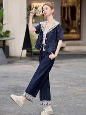 设计感小众牛仔套装女2025夏季新款蕾丝上衣拼接阔腿裤两件套，女装套装/套裙，E百度