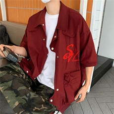 红色不规则工装短袖衬衫男夏季美式飞行衬衣vintage外套S1275-P50，男装T恤，星座1008-1