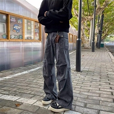 美式高街褶皱设计感工装牛仔裤男款春秋季潮流休闲宽松直筒长裤子，男装休闲裤，星座506A
