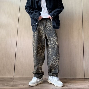 新款美式复古豹纹牛仔裤直筒宽松男vintage休闲裤子 K8924图片