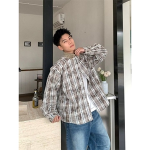 1506/QJ050/P48灯芯绒领口拼接做旧长袖衬衫男女小众休闲百搭衬衣图片