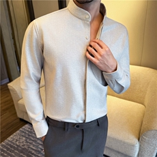 主推款~加厚磨毛保暖毛呢衬衫男士立领暗条纹衬衣深灰色C6657-P73，男装衬衫，电商A213