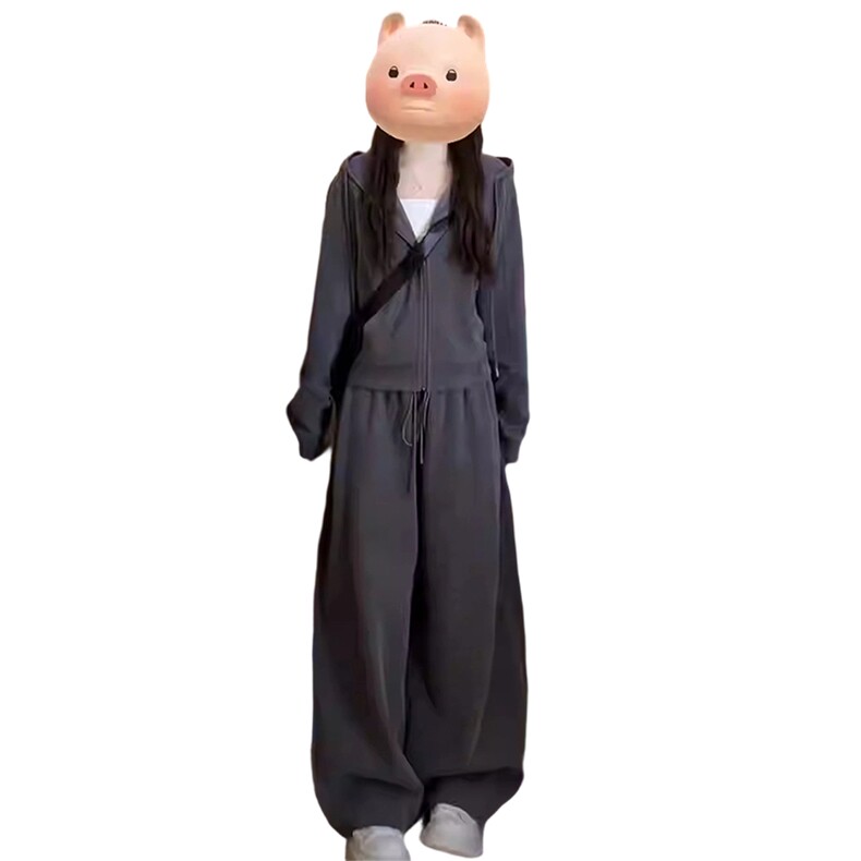 休闲时尚减龄套装女春季新款宽松显瘦灰色连帽卫衣阔腿长裤两件套,女装套装/套裙,2C310