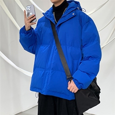 新款冬季日系简约保暖加厚连帽抽绳休闲宽松棉衣外套男MY9086-P90，男装棉衣，电商A128