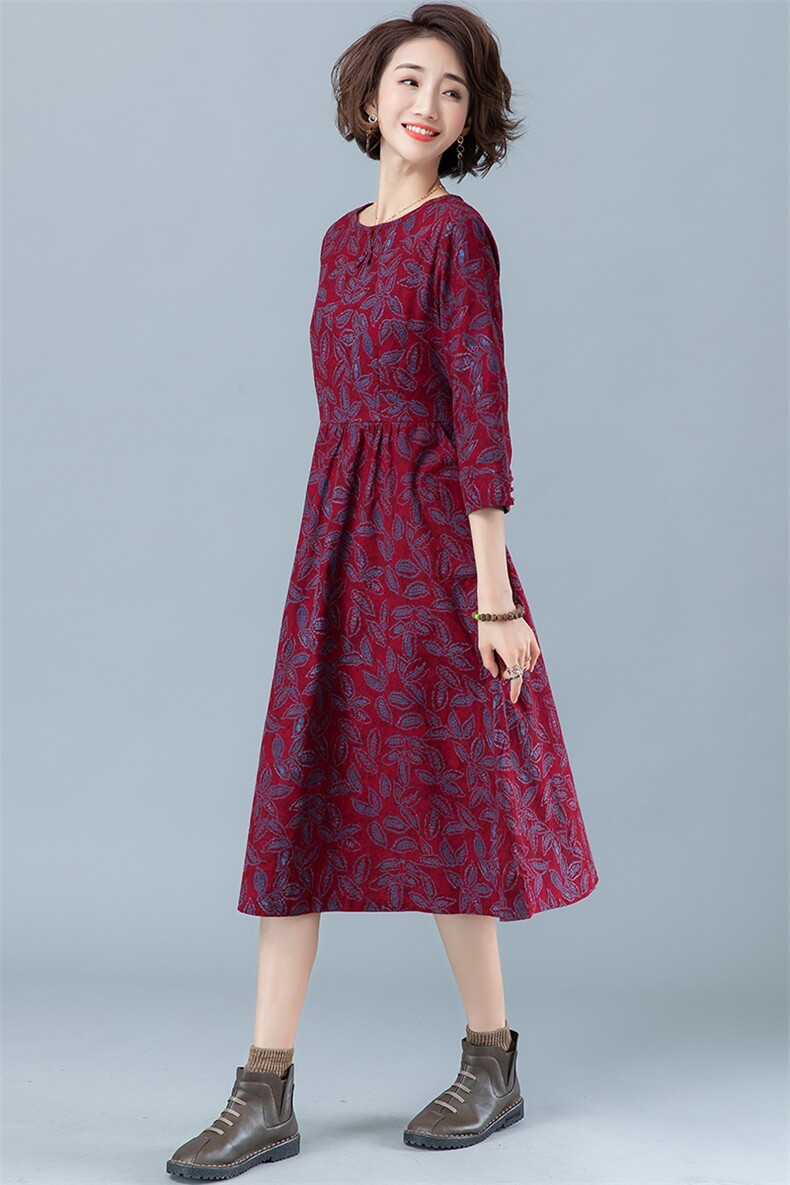 21春秋中长全棉连衣裙圆领七分袖高温印花树叶腰带口袋拉链时尚，女装连衣裙，阿丹
