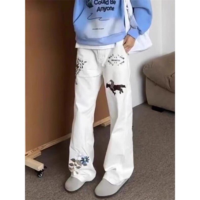 白色刺绣牛仔裤男女春季美式高街hiphop阔腿长裤宽松百搭微喇，男装牛仔裤，四季星座505