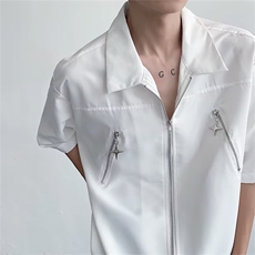 小众拉链设计高级感短袖衬衫男时尚潮流简约百搭韩系衬衣-S1035，男装衬衫，星座601-2