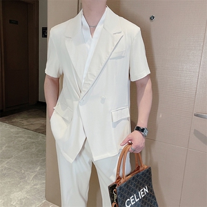 吴磊同款夏痞帅冰丝薄款短袖西服套装男时尚西装两件套TZ257-P150图片
