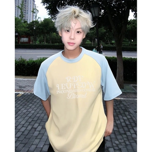 抖音得物高品质二开240克宽松纯棉美式潮牌插肩袖拼接短袖T恤图片