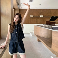 韩版复古蕾丝花边牛仔马甲高腰短裤套装女2025夏新款小个子两件套，女装套装/套裙，2C225