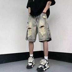 现货美式破洞牛仔短裤男夏季直筒宽松潮牌阔腿五分裤LD9533-P40，男装牛仔裤，星座1008