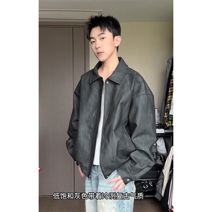 cleanfit哈灵顿扎染翻领PU皮大码夹克皮衣外套男J5228-特P75控138图片