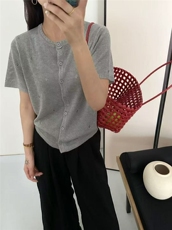 天丝亚麻短袖开衫镂空夏季圆领针织，女装针织衫/毛衣，天佑贝依