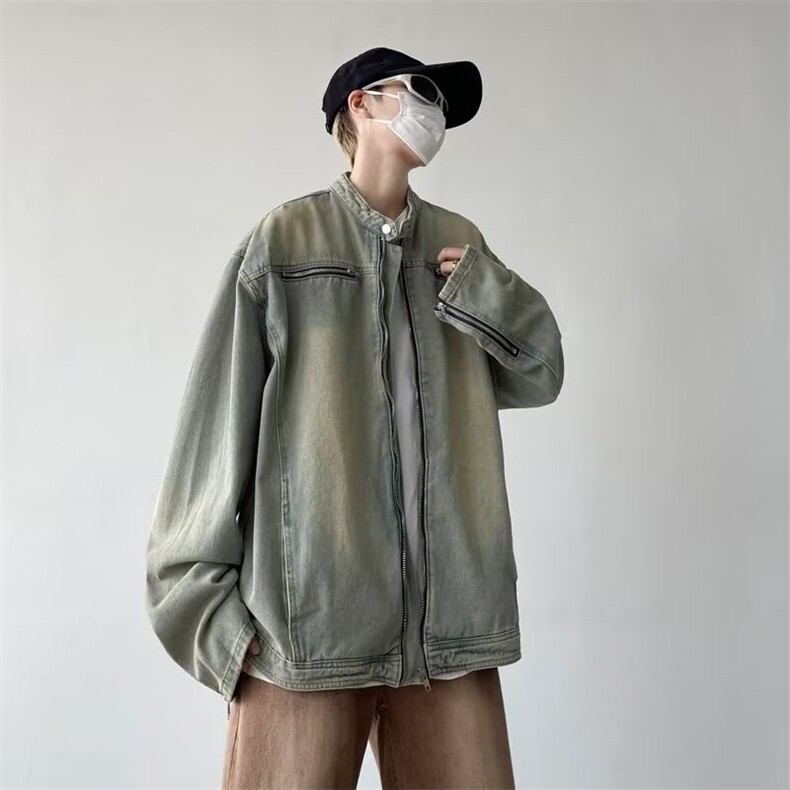 复古做旧牛仔外套男潮牌高街宽松立领机车服美式开衫拉链夹克上衣,男装夹克,星座1013