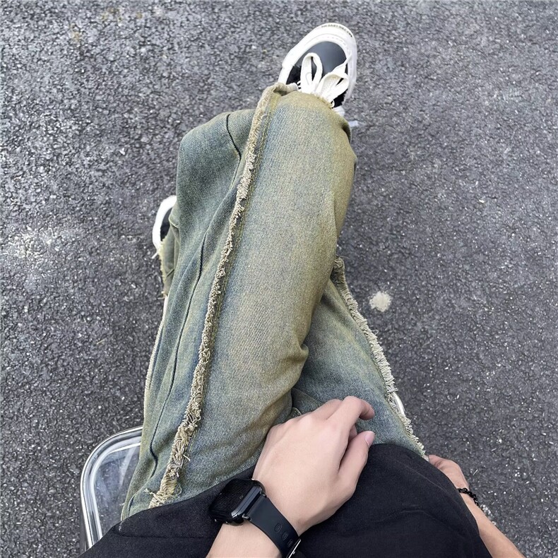 美式高街水洗复古泥黄牛仔裤男毛边拼接设计1001-1-CN161-P45,男装牛仔裤,星座1001-1