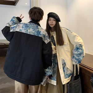 1港风情侣刺绣拼接设计棉衣大码M-5XL夹克棉服外套8706P115控158图片