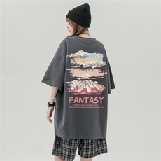 中性风新款夏季时尚复古百搭雪山印花宽松短袖T恤T6091P25控38，男装T恤，电商A268