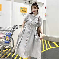 日系高端灰色亚麻衬衫连衣裙女夏2025新款学院风收腰气质工装长裙，女装连衣裙，2C372