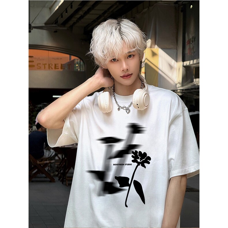抖音得物供货现货210克宽松纯棉美式潮牌印花落肩袖纯棉T恤AT2135,男装T恤,电商A443