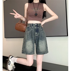 做旧阔腿牛仔短裤美式复古水泥灰牛仔短高腰女牛仔短裤DK194-p38，男装牛仔裤，星座302B-2