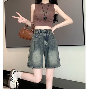 做旧阔腿牛仔短裤美式复古水泥灰牛仔短高腰女牛仔短裤DK194-p38图片