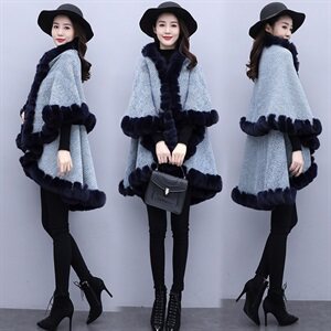 芷墨服饰冬装新款时尚加毛加厚针织斗篷外套女图片