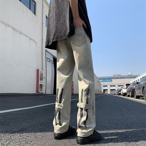 潮牌美式拉链牛仔裤男女高街vibe直筒潮流痞帅街头长裤WN72-P45图片