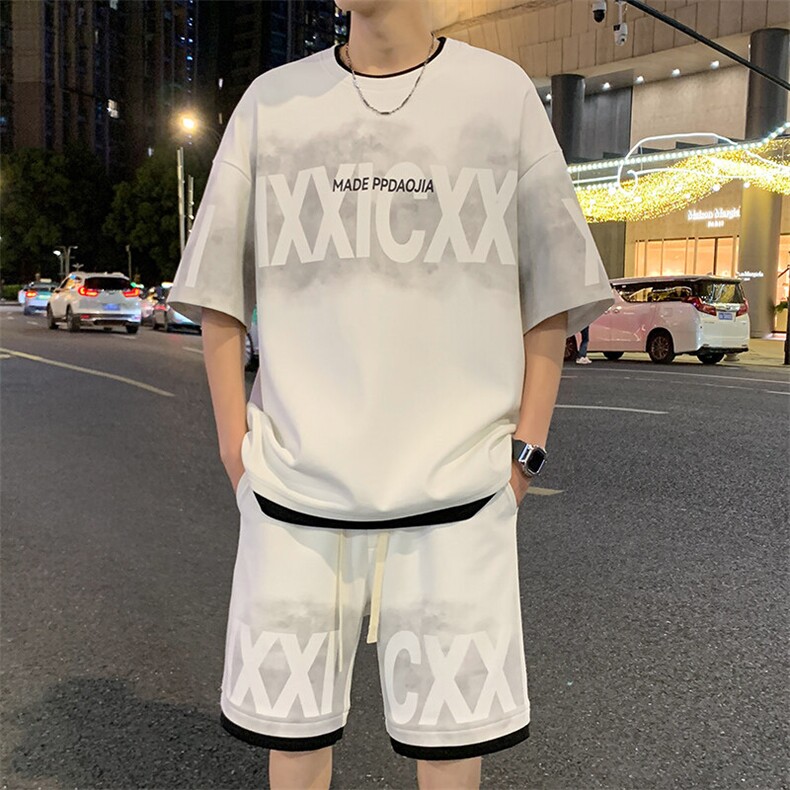 特批P50无差价夏新假菠萝格假两件字母印花设计感五分套装男TZ322,男装休闲套装,电商A001-1