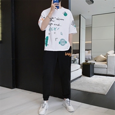 新款夏季潮流时尚短袖T恤男装青少年宽松休闲ins圆领套装F309P68，男装休闲套装，电商A086