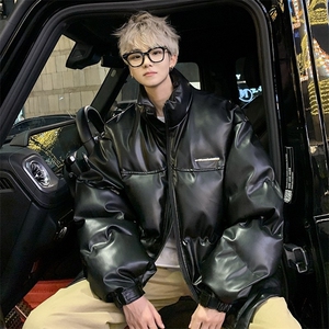 棕色PU皮棉衣男冬季新款美式街头加厚棉服外套潮牌宽松面包服棉袄图片