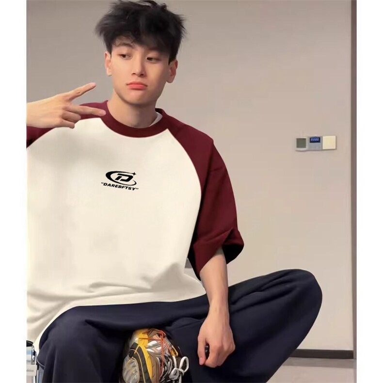 抖音得物高品质二开240克宽松纯棉美式潮牌插肩袖拼接短袖T恤，男装T恤，电商A486