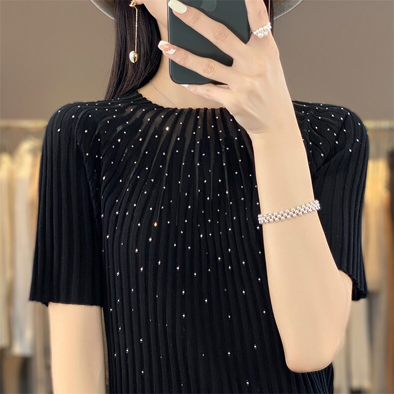 时尚洋气亮片薄款羊毛针织衫短袖女夏季宽松半袖套头T恤冰丝上衣,女装T恤,暖烁羊绒