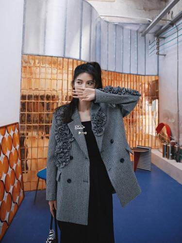 夹棉千鸟格西装外套，女装西装，YOUER DENG