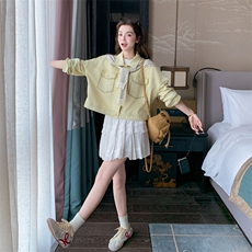 2B081-7706-p160-K238韩系条纹针织披肩长袖牛仔上衣2026春季新款，女装短外套，韩蜜菓